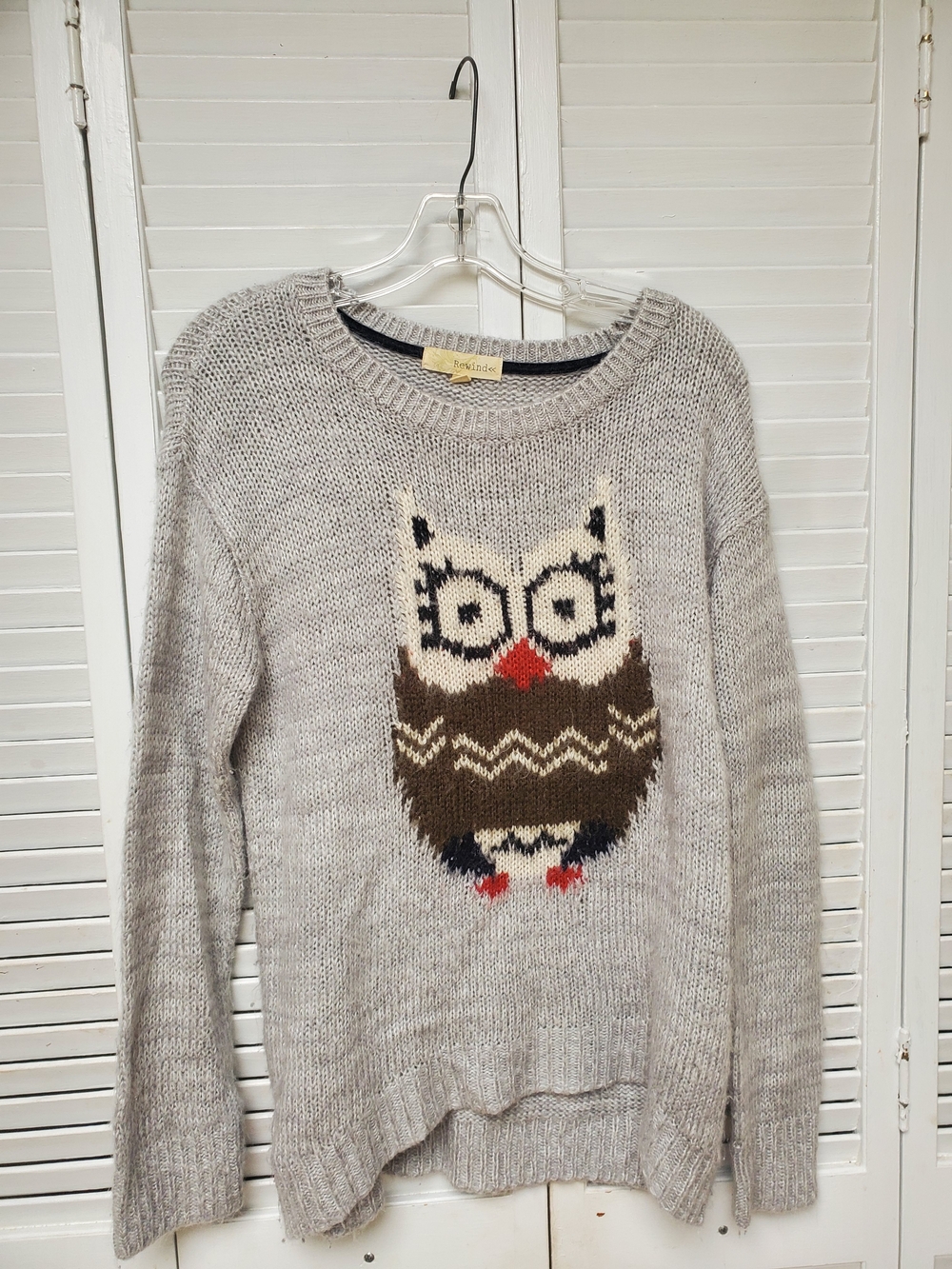 Rewind Gray Crewneck Sweater with Owl Intarsia